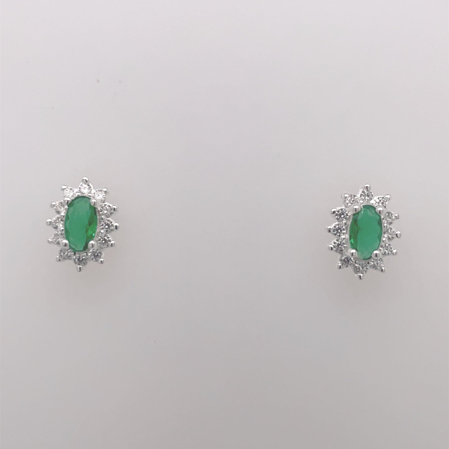 Silver Green CZ Oval Halo Stud Earrings 306EM