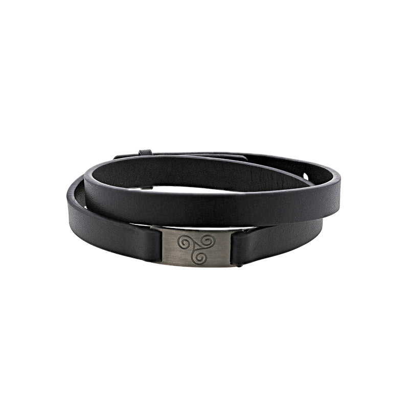 Men's Double-wrap bracelet with Triskelion plaque black cowhide leather 318690T