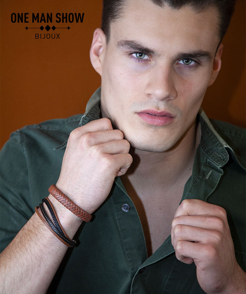 Men's Brown Plaited Leather Bracelet 318699M