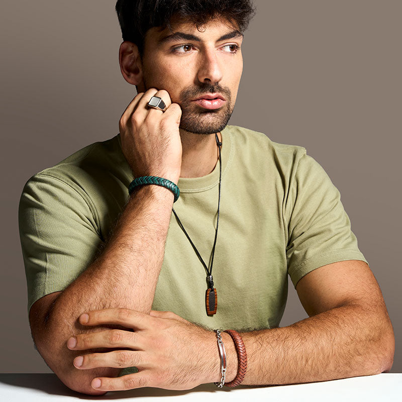 Men's Green Plaited Leather Bracelet 318699V