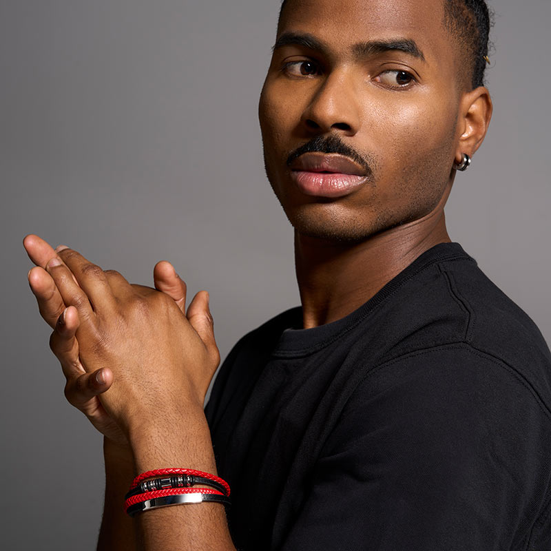 Men's Black & Red Leather Bracelet 318821NR