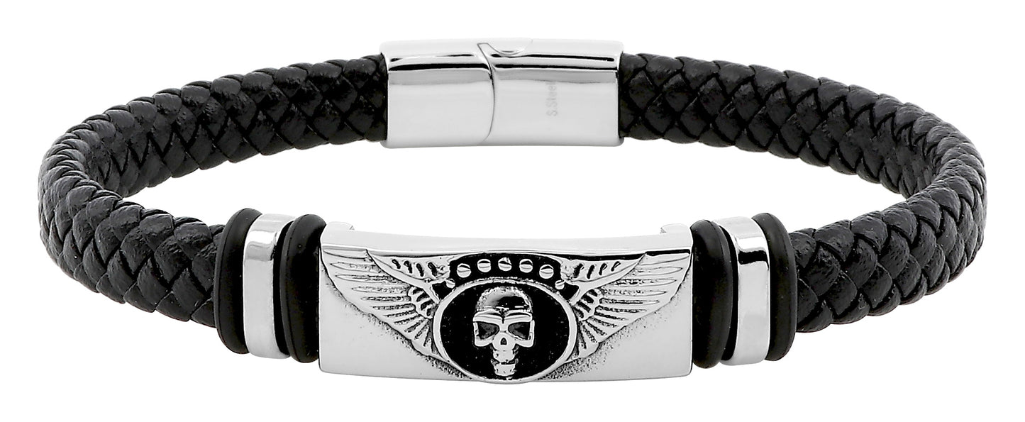 Men's Leather Bracelet Black Winged Skull 433934