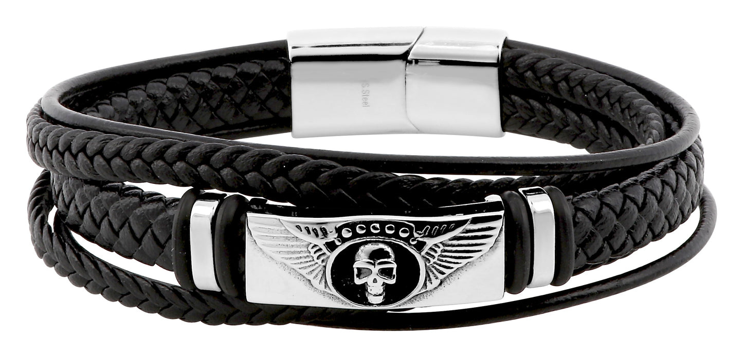 Men's Leather Bracelet Black Winged Skull 433935