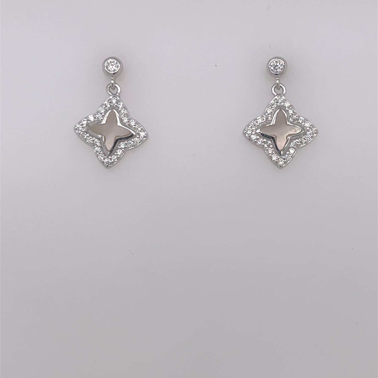 Sterling Silver CZ Mother of Pearl Quatrefoil Stud Earrings SE491