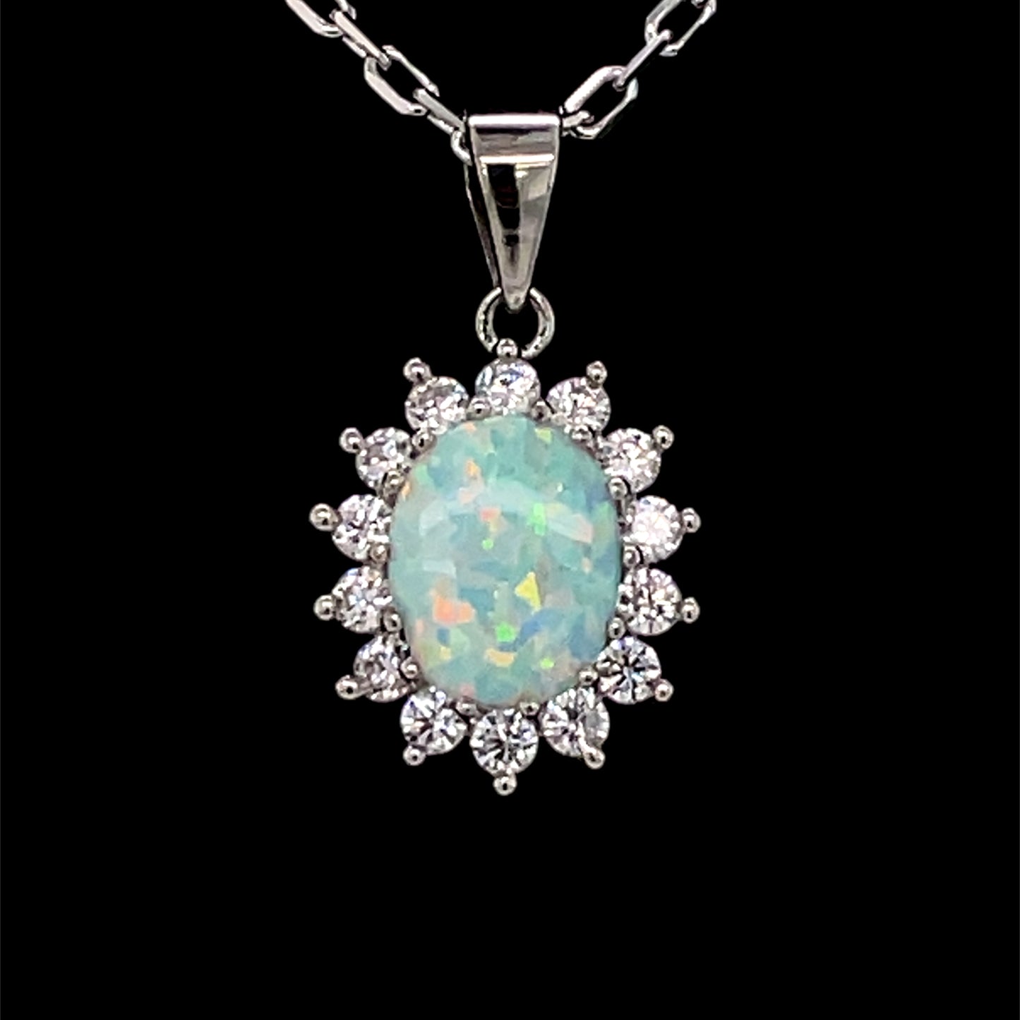 Sterling Silver Opal CZ Oval Cluster Pendant SP5069/OP