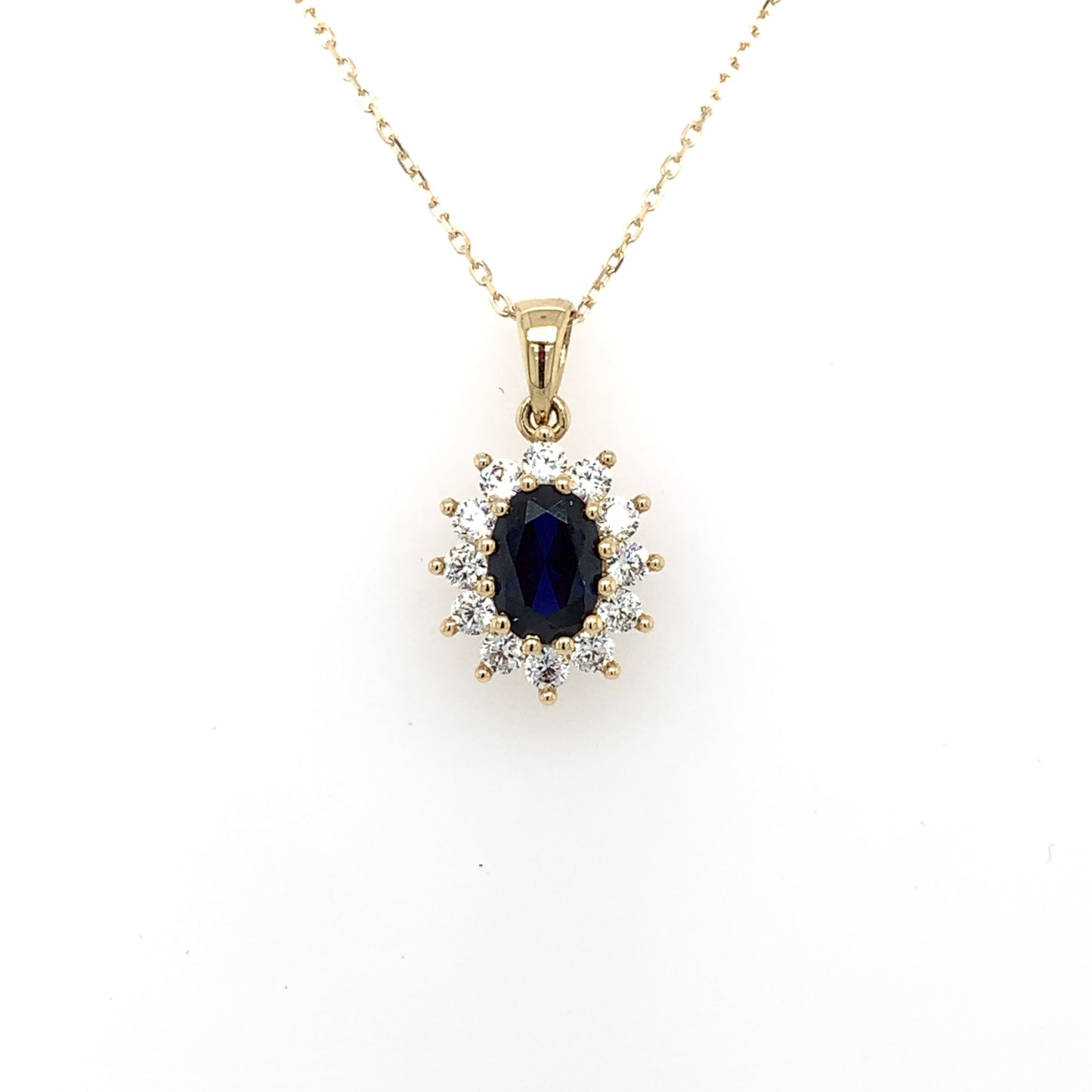9ct Gold Created Sapphire & CZ Oval Cluster Pendant GPS88