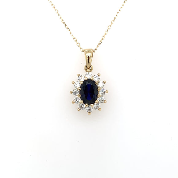 9ct Gold Created Sapphire & CZ Oval Cluster Pendant GPS77