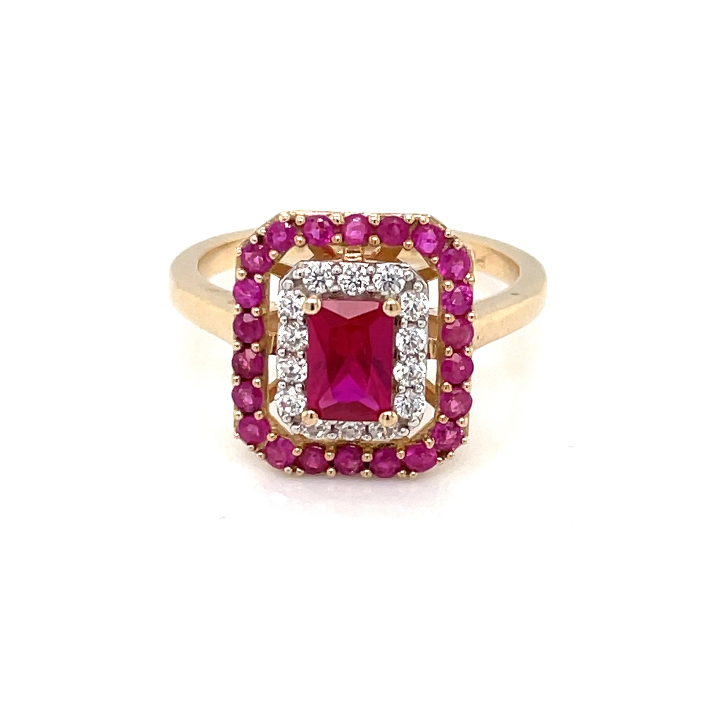 9ct Gold Created Ruby & CZ Rectangular Halo Ring GRR088