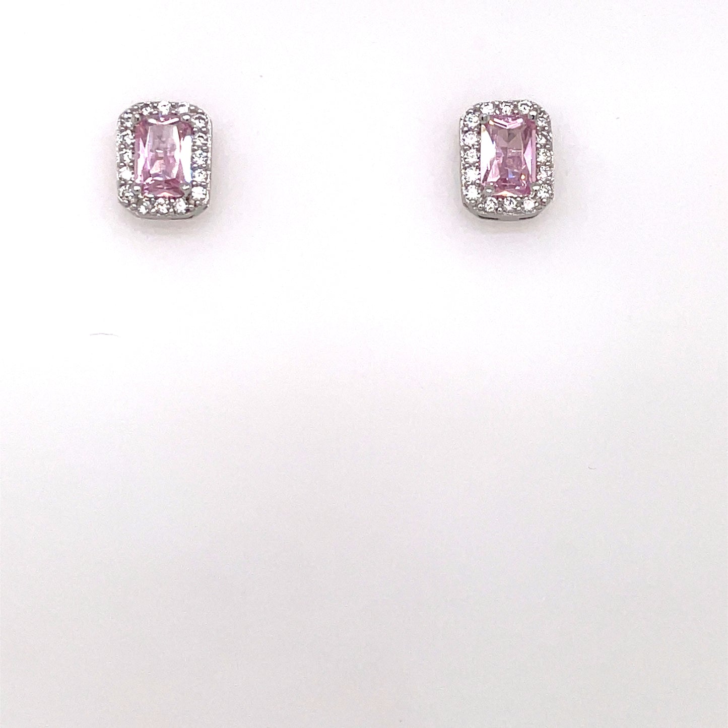 Silver Pink CZ Rectangular Halo Stud Earrings CSE386