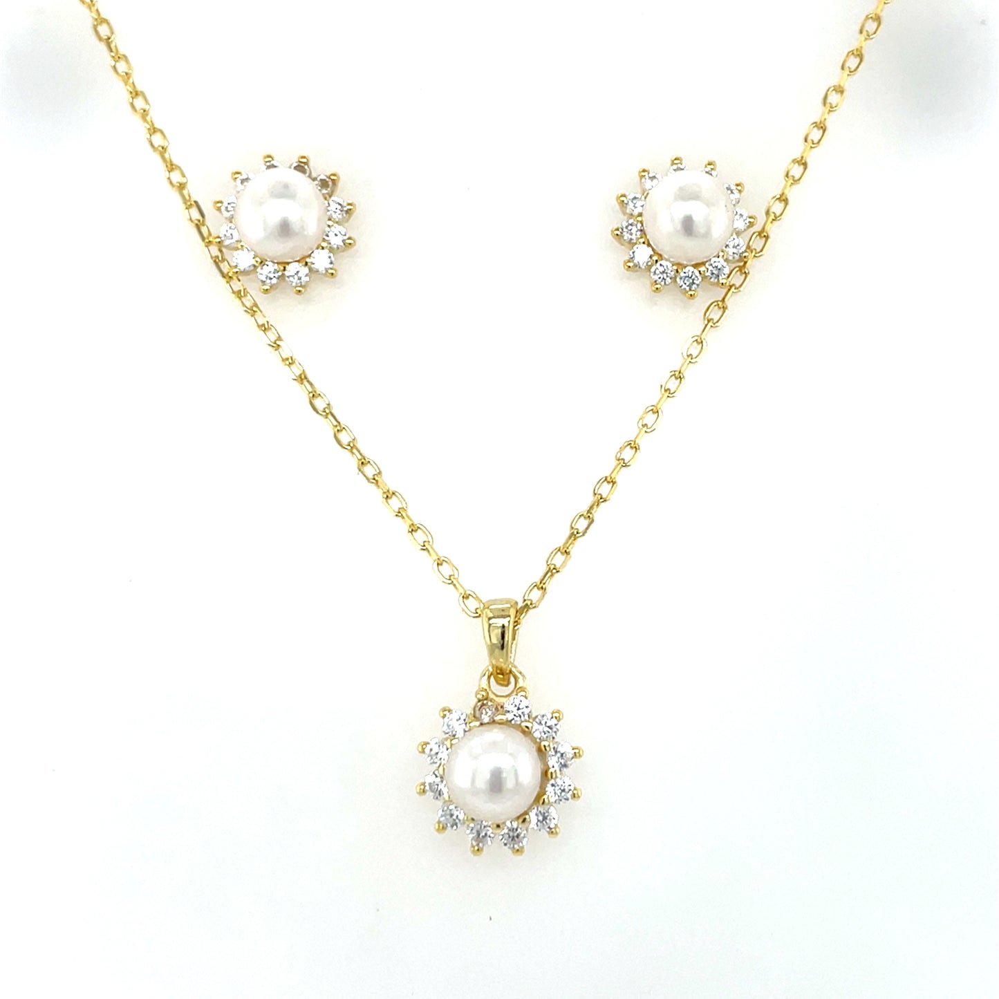 Sterling Silver Gold-plated Drop Pearl & CZ Pendant & Earring Set CSS341
