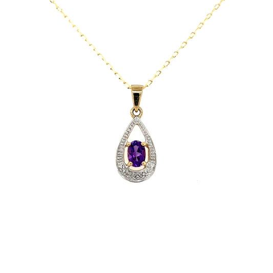 9ct Gold Amethyst & Diamond Teardrop Pendant GPX204