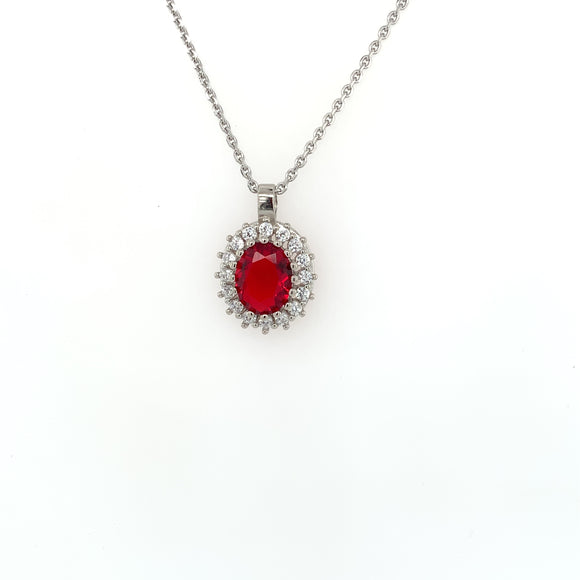 Sterling Silver Red CZ Oval Cluster Pendant