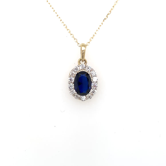 9ct Gold Synthetic Sapphire & CZ Oval Cluster Pendant GPS76