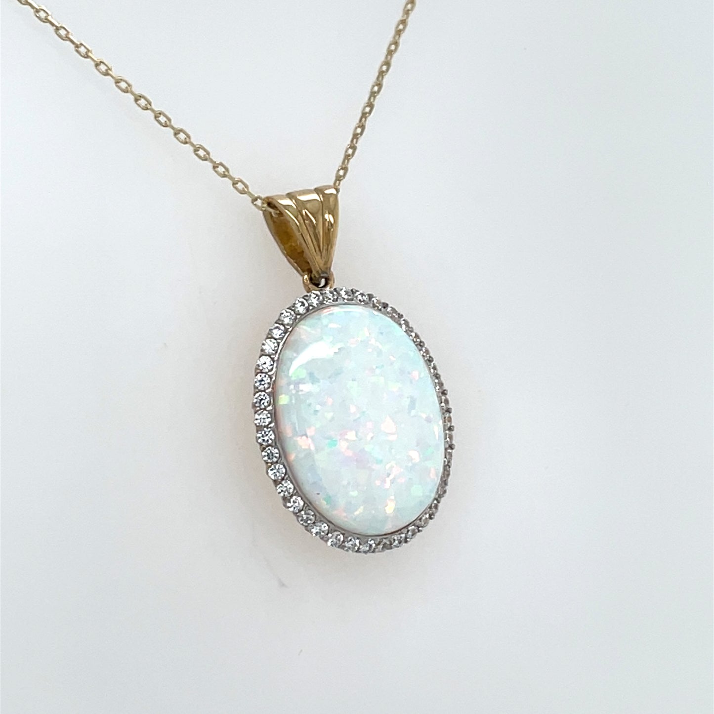9ct Gold Created Opal & CZ Oval Halo Pendant GPL59