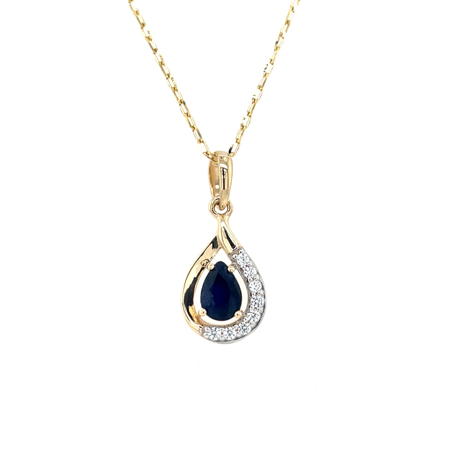 9ct Gold Real Sapphire & CZ Teardrop Pendant GPS94