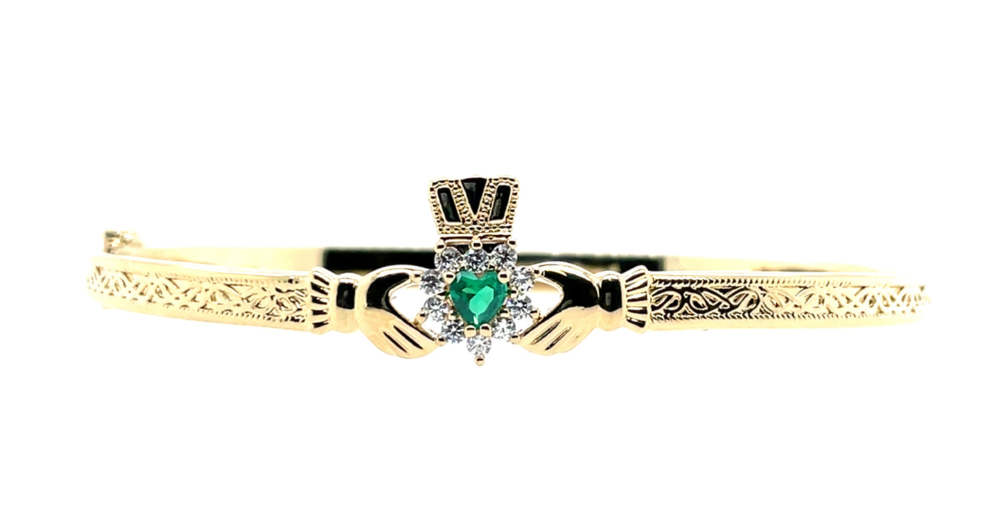 Gold-plated Green CZ Claddagh Bangle GFCB02G