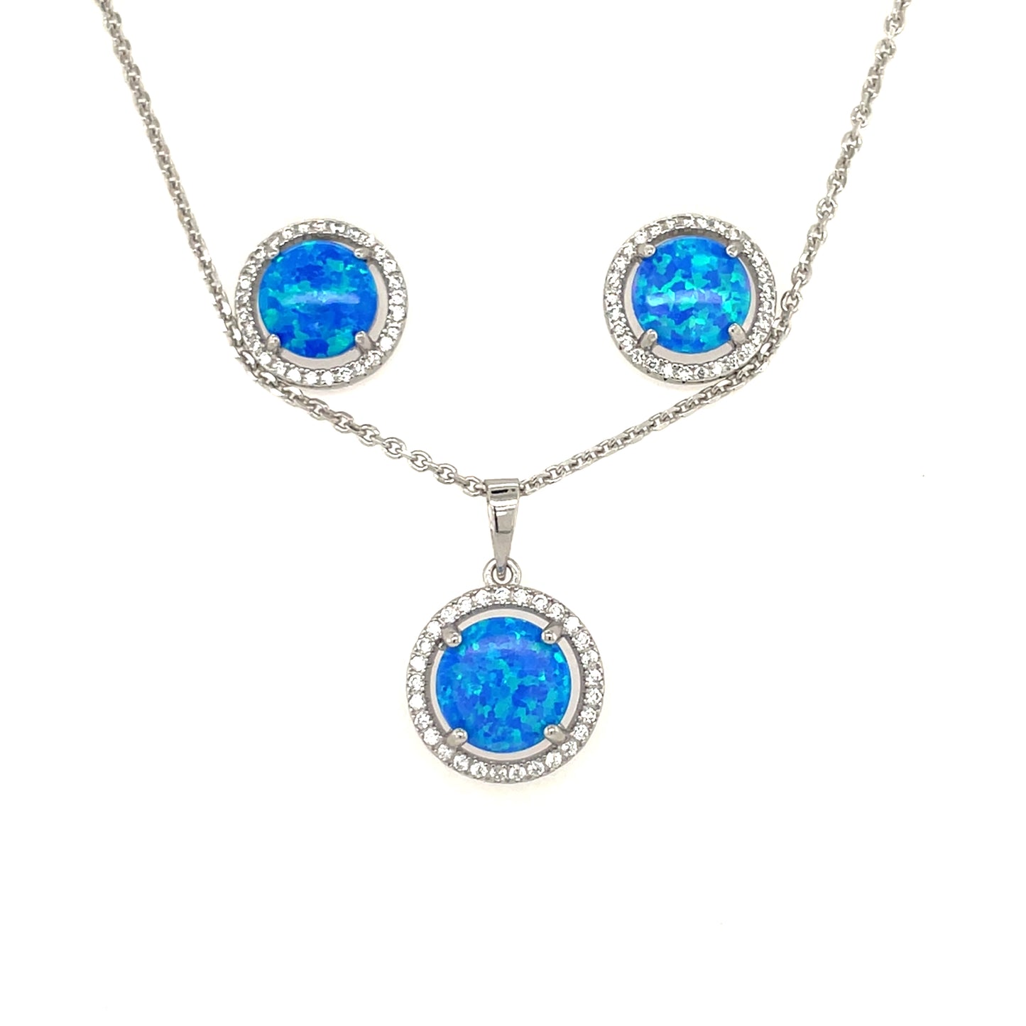 Sterling Silver Blue Opal CZ Halo Pendant & Earring Set GL1179
