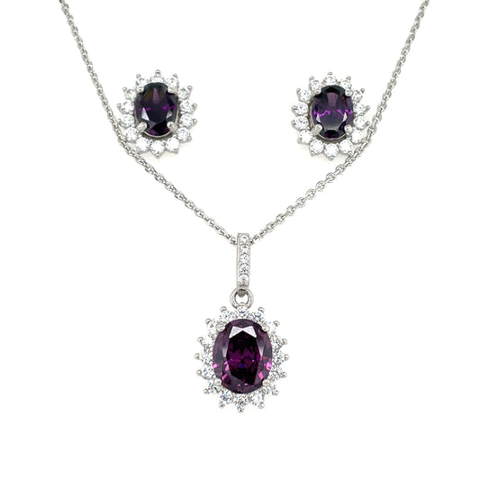 Sterling Silver Amethyst CZ Cluster Pendant & Earring Set GL1750