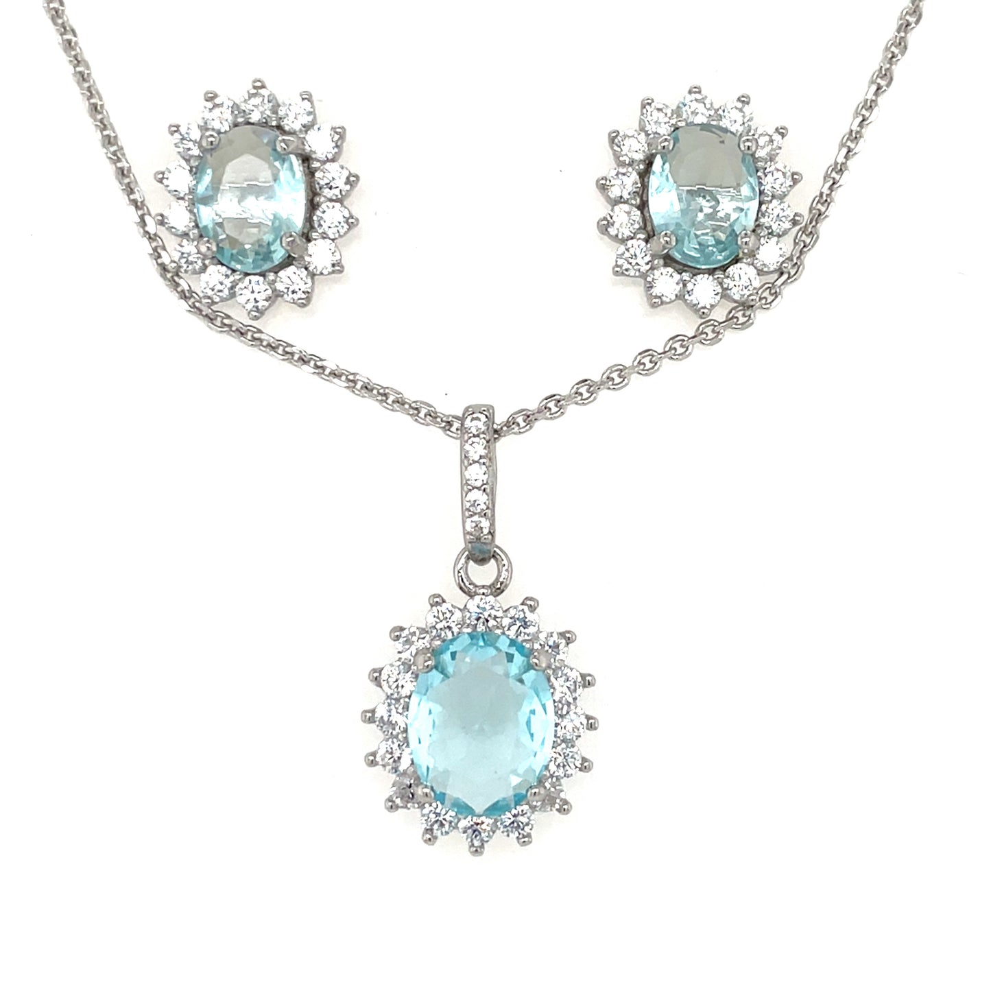 Sterling Silver Aqua CZ Oval Cluster Pendant & Earring Set GL1753
