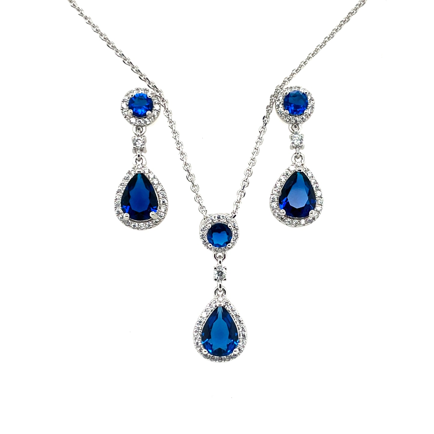 Silver Sapphire CZ Teardrop Halo Pendant & Earring Set GL901SET