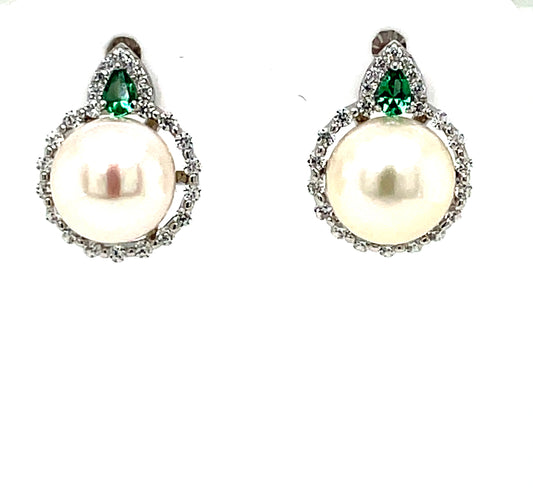 Silver Emerald CZ & Pearl Stud Earrings N3728