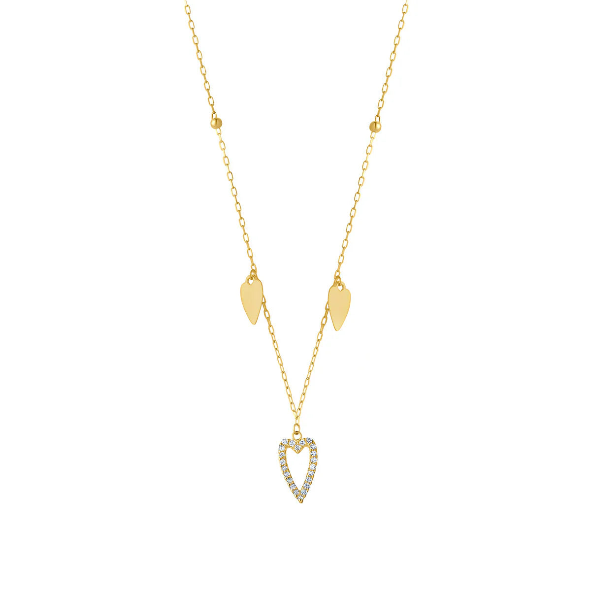 9ct Gold Cz Heart And Plain Heart Charm Necklet GPZ452