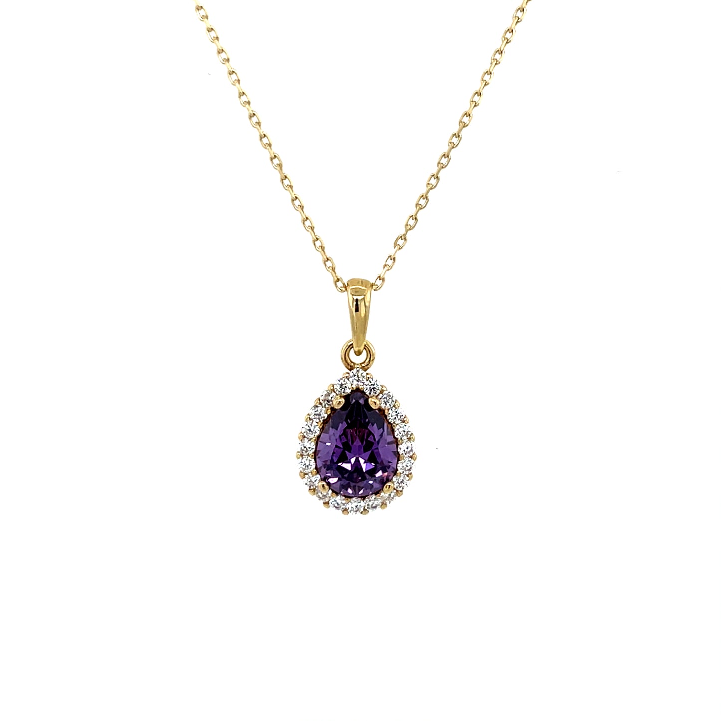 9ct Gold Amethyst & CZ Teardrop Halo Pendant GPX201
