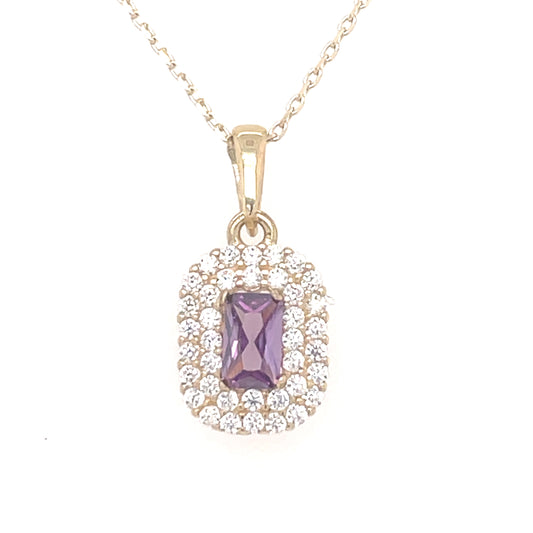 9ct Gold Amethyst & CZ Rectangular Halo Pendant GPX200