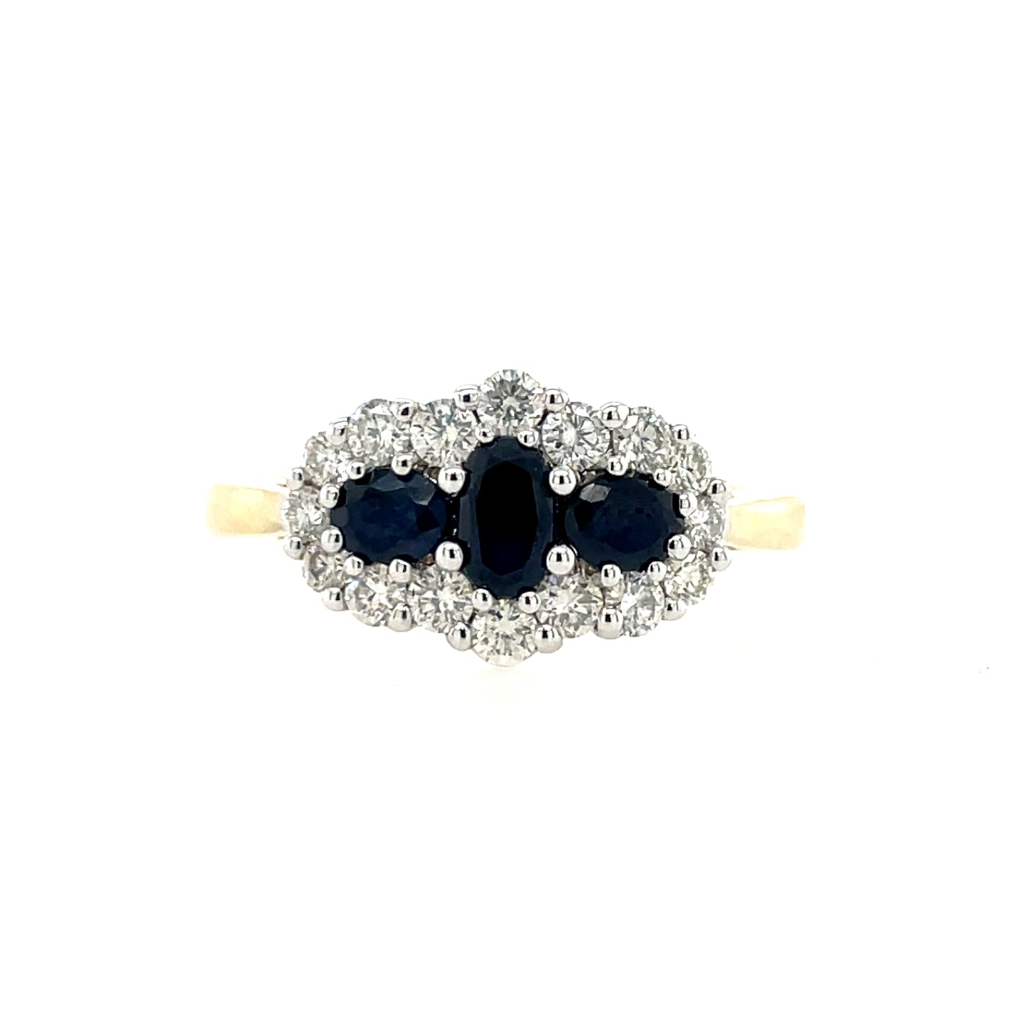 9ct Gold Three Sapphire & Diamond Halo Ring GRS292
