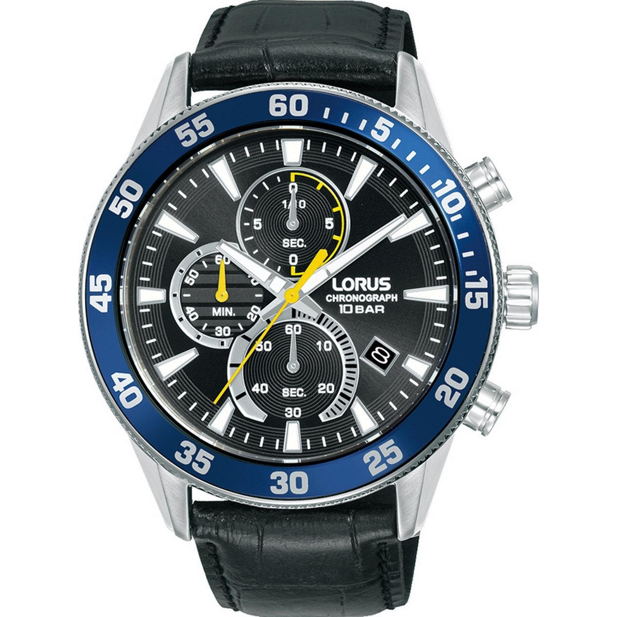 LORUS CHRONOGRAPH GENTS STAINLESS STEEL BLACK DIAL STRAP WATCH RM331JX9