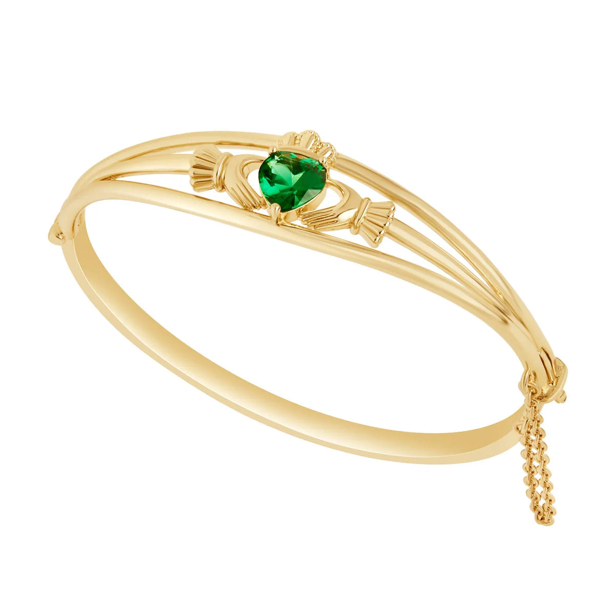 Gold Plated Green Crystal Heart Claddagh Bangle S50209