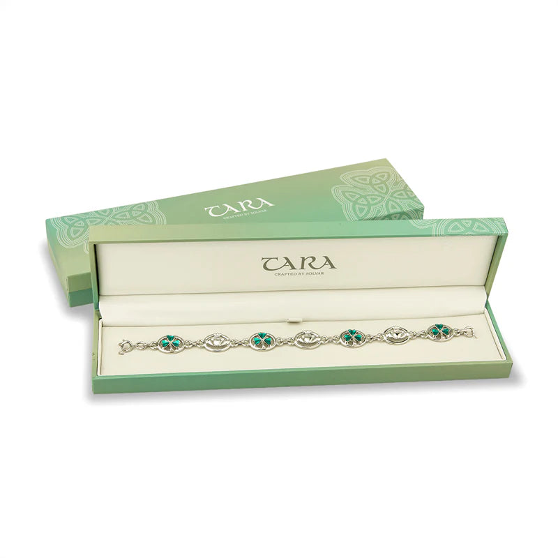 RHODIUM PLATED ENAMEL CLADDAGH & SHAMROCK BRACELET S5514