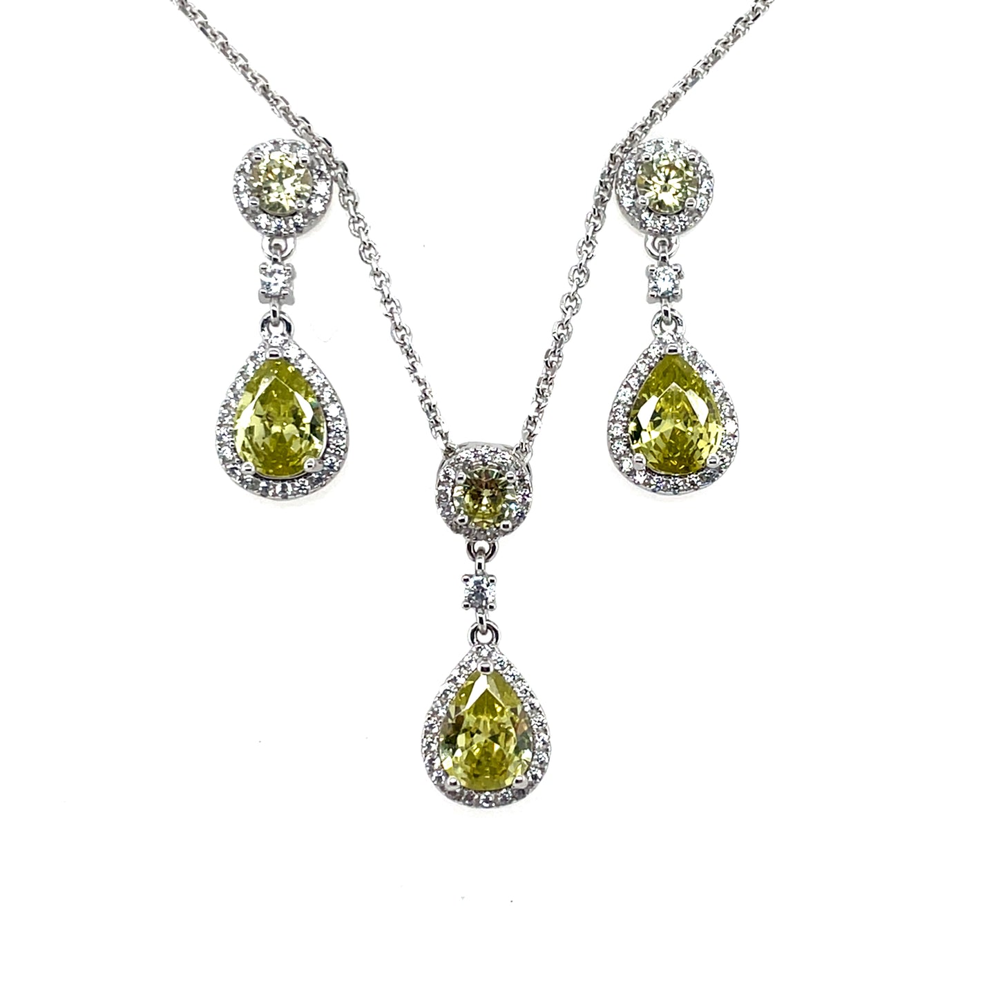 Silver Peridot CZ Teardrop Halo Pendant & Earring Set GL1214SET