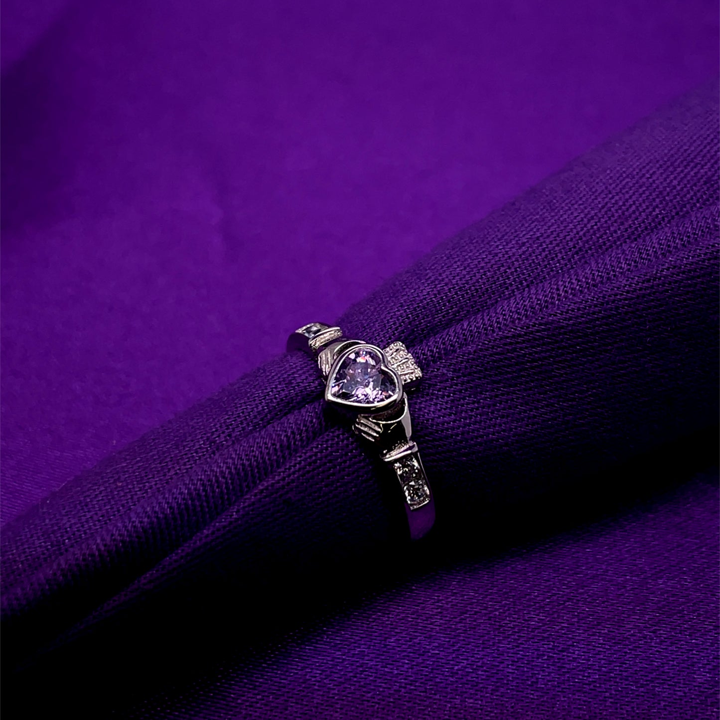 Sterling Silver Birthstone Claddagh Ring February