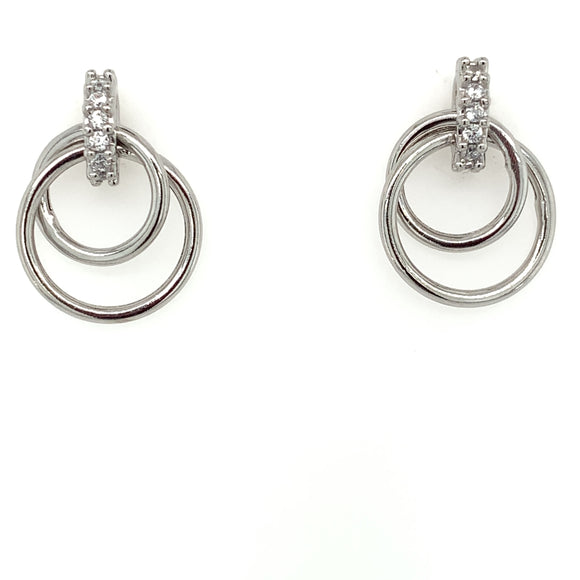 Sterling Silver CZ Double Circle Drop Earrings