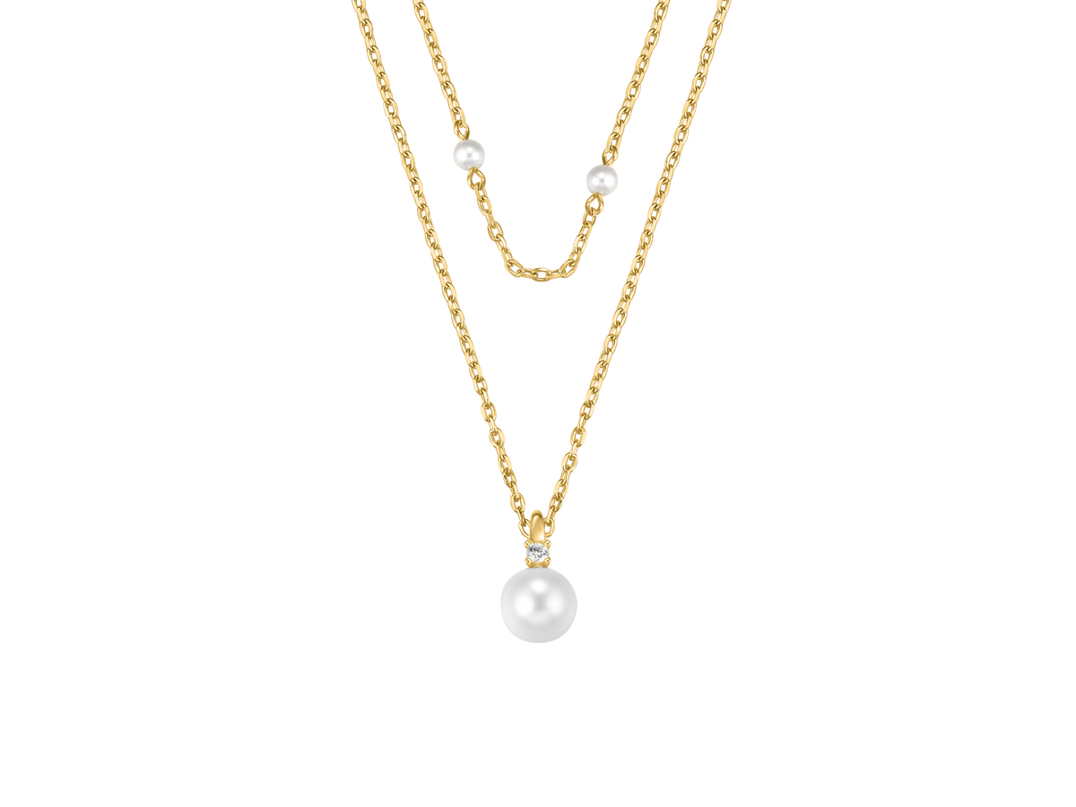 Silver Gold-plated CZ & Pearl Double Strand Necklace ST2654