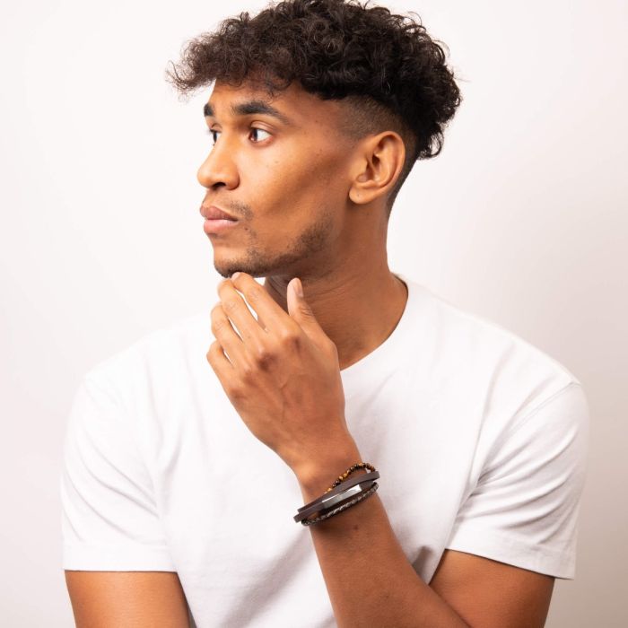 Fred Bennett Multi Row Brown Leather and Tigers Eye Bracelet with ID Bar B5317