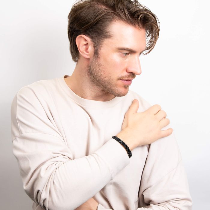 Fred Bennett Chain Plait Black Leather Bracelet B5565B