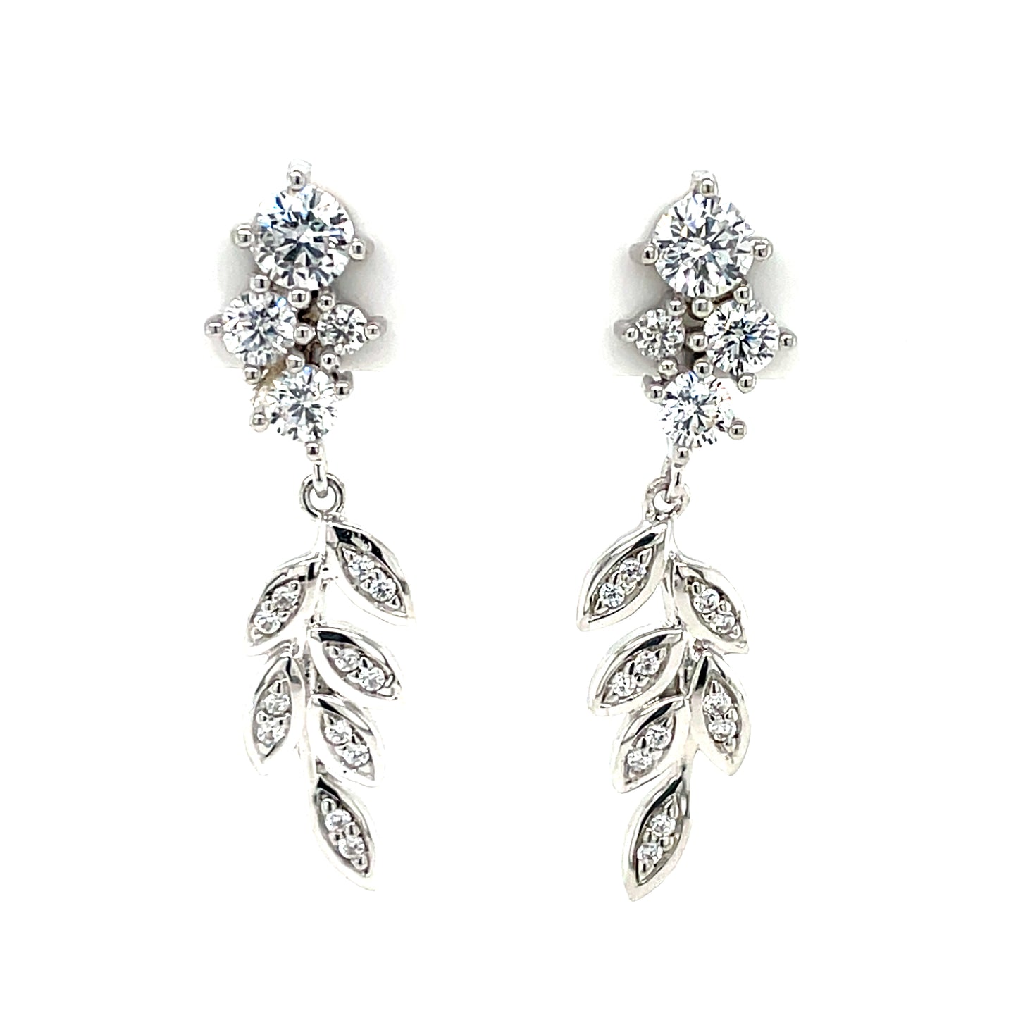 Silver Long Leaves CZ Drop Earrings SE628