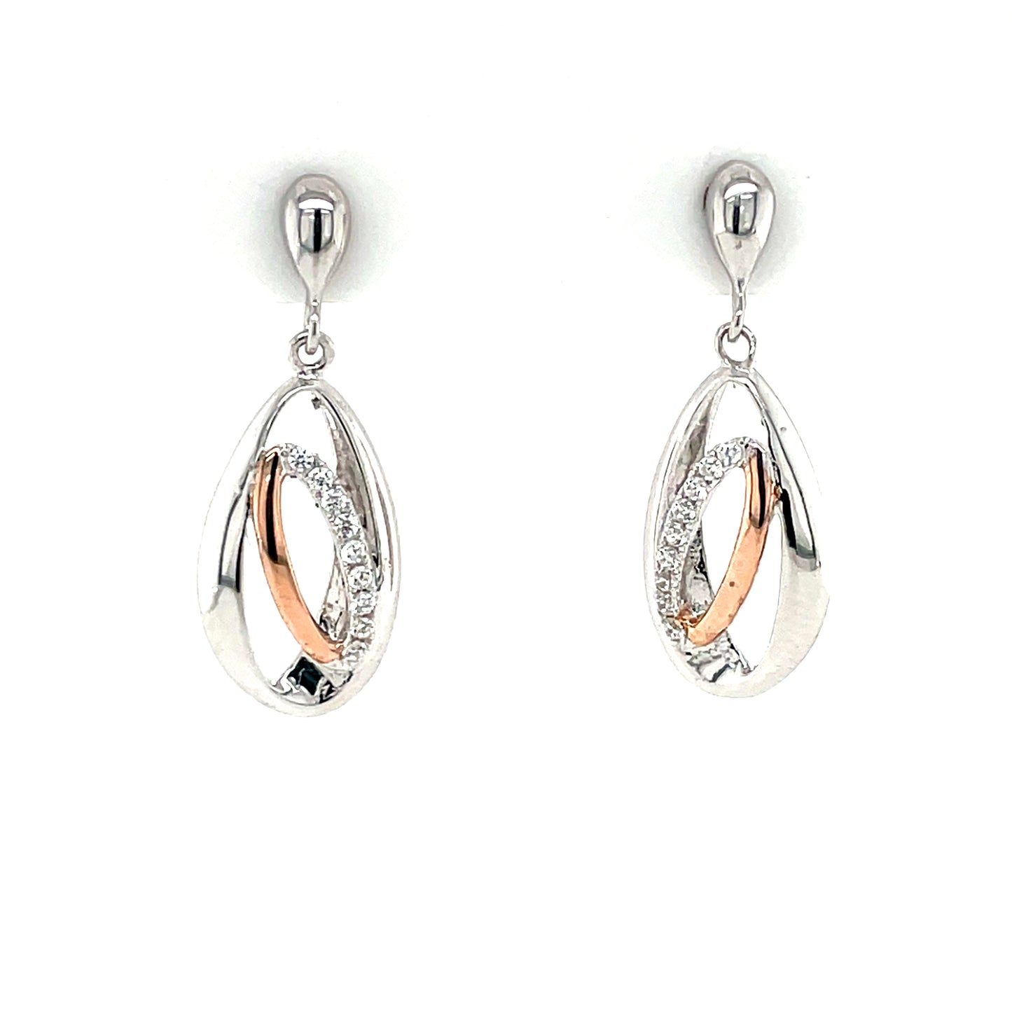 Silver Rose Gold Accent CZ Drop Earrings SE666