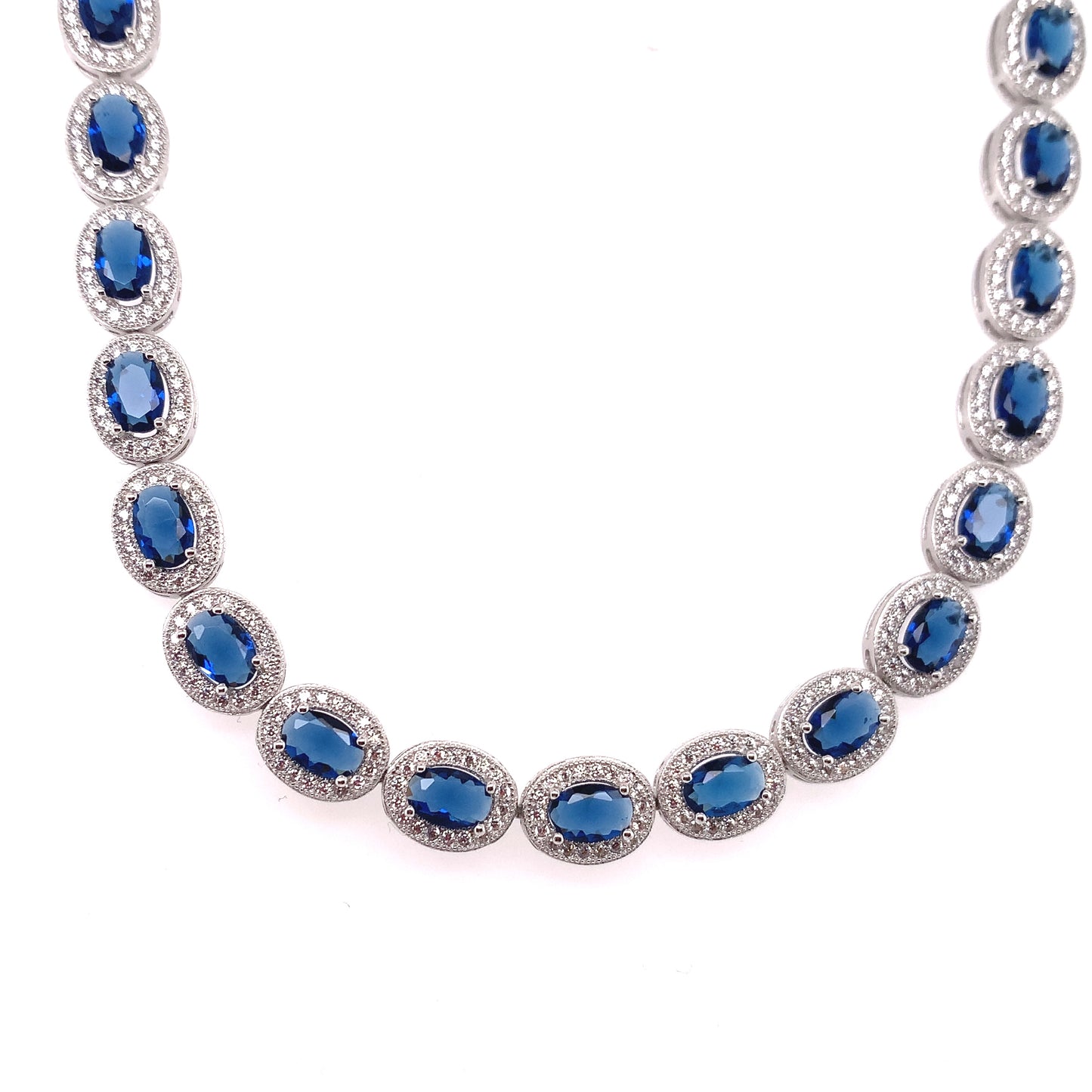 Sterling Silver Sapphire CZ Oval Cluster Necklace CSN940