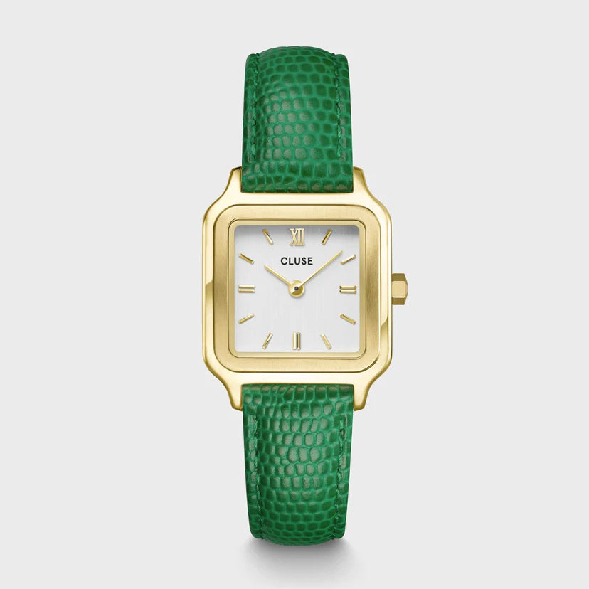 CLUSE Gracieuse Petite Watch Leather Emerald Green Lizard Gold Colou Baumann Jewellers