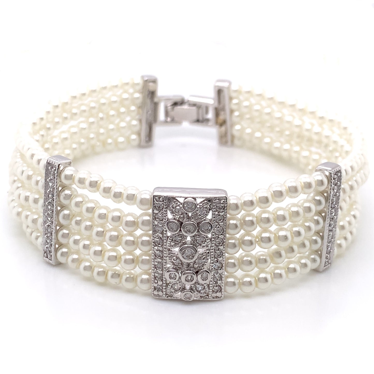 Sterling Silver Vintage Deco CZ & Pearl Bracelet GL1326