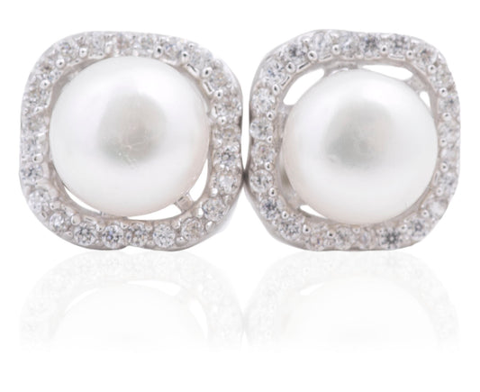 Sterling Silver Bouton Pearl & CZ Earrings N3026
