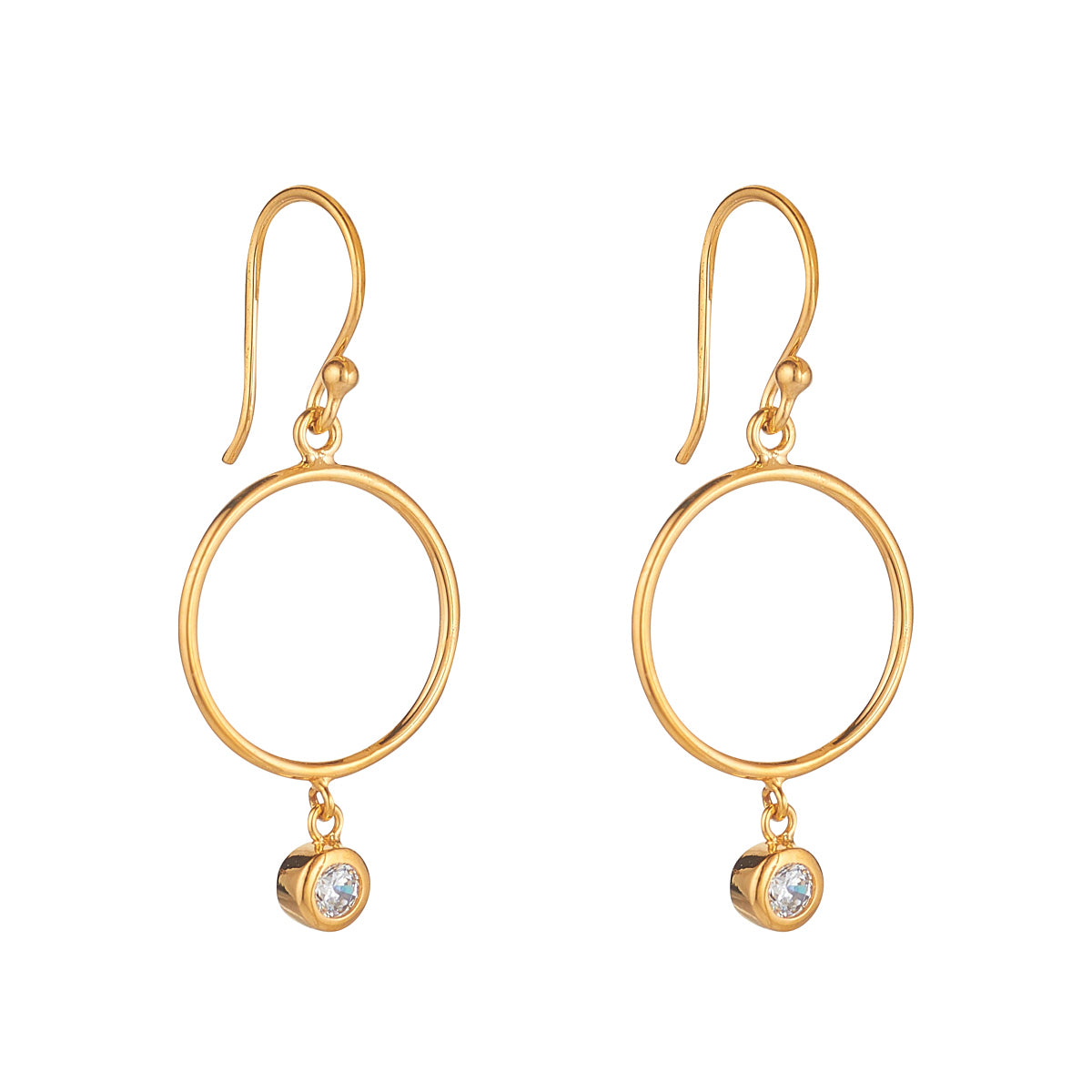 Sterling Silver 18ct Gold Open Circle Rubover CZ Drop Earrings N3518