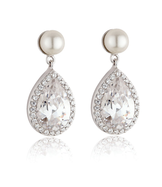 Sterling Silver Vintage Pearl & CZ Drop Earrings N3553