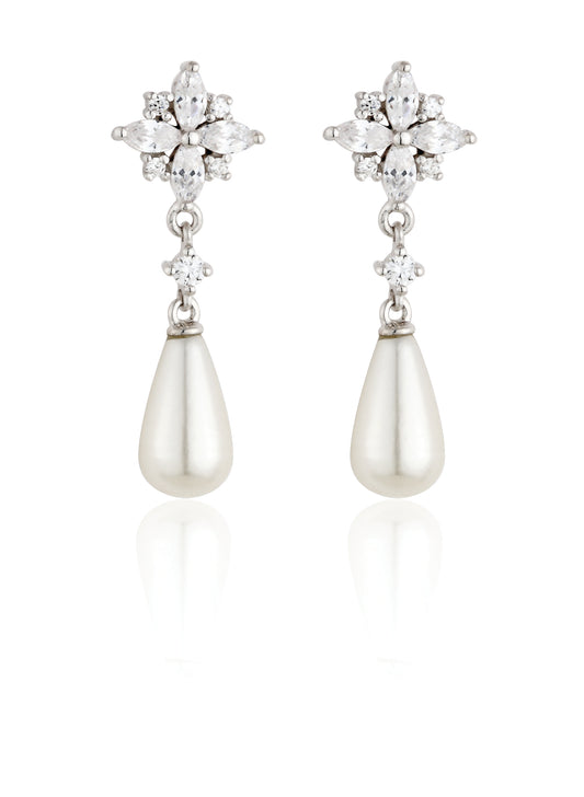 Sterling Silver Pearl & CZ Teardrop Earrings N3555