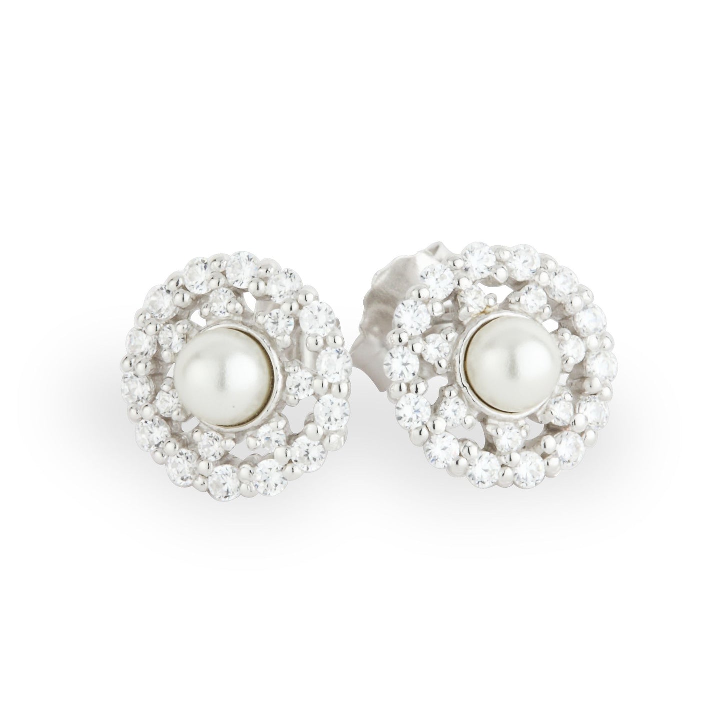 Sterling Silver Pearl & CZ Lace Cluster Stud Earrings N3557