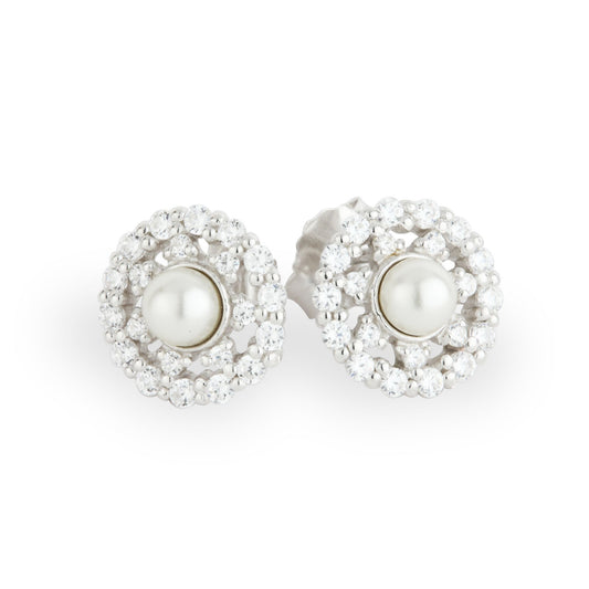 Sterling Silver Pearl & CZ Lace Cluster Stud Earrings N3557