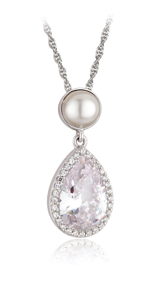 Sterling Silver CZ & Pearl Vintage Style Teardrop Pendant N4512